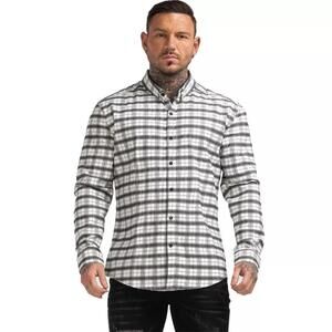 NWT GINGTTO Men Button Down Long Sleeve Slim Fit Plaid Casual Dress Shirt, M
